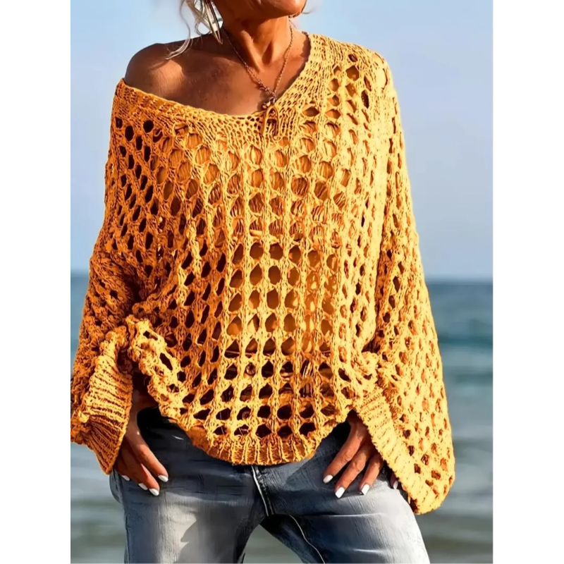 Women's Casual Loose-Fit V Neck Top - Hollow Out Design