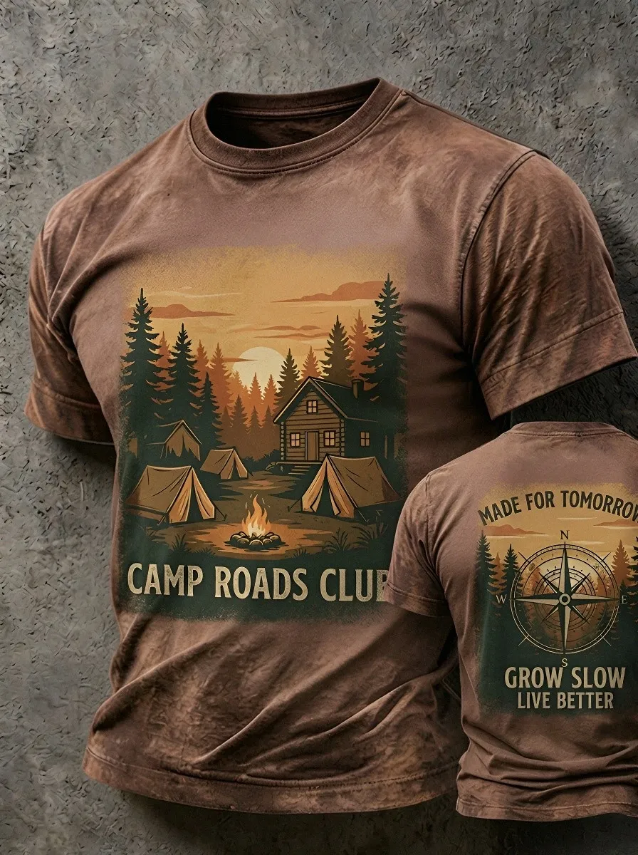 Unisex Camping Lover Forest Cabin Compass Printed T-shirt