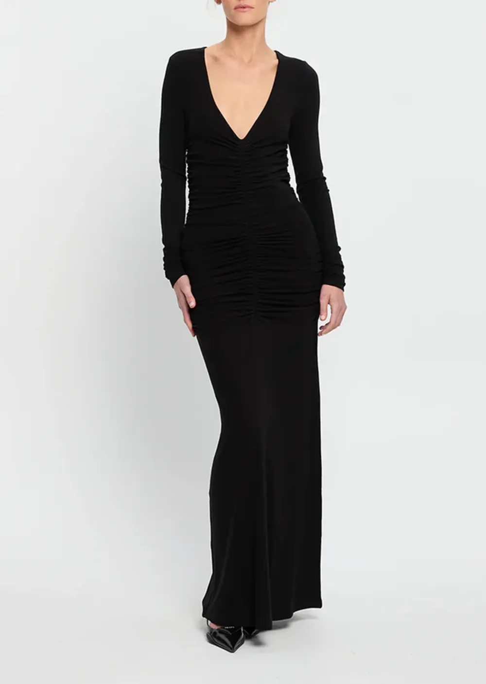 V-NECK LONG SLEEVE MIDI DRESS