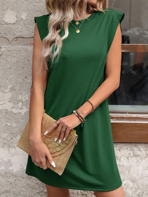 A Line Relaxed Solid Color Split Joint Round Neck Mini Dress