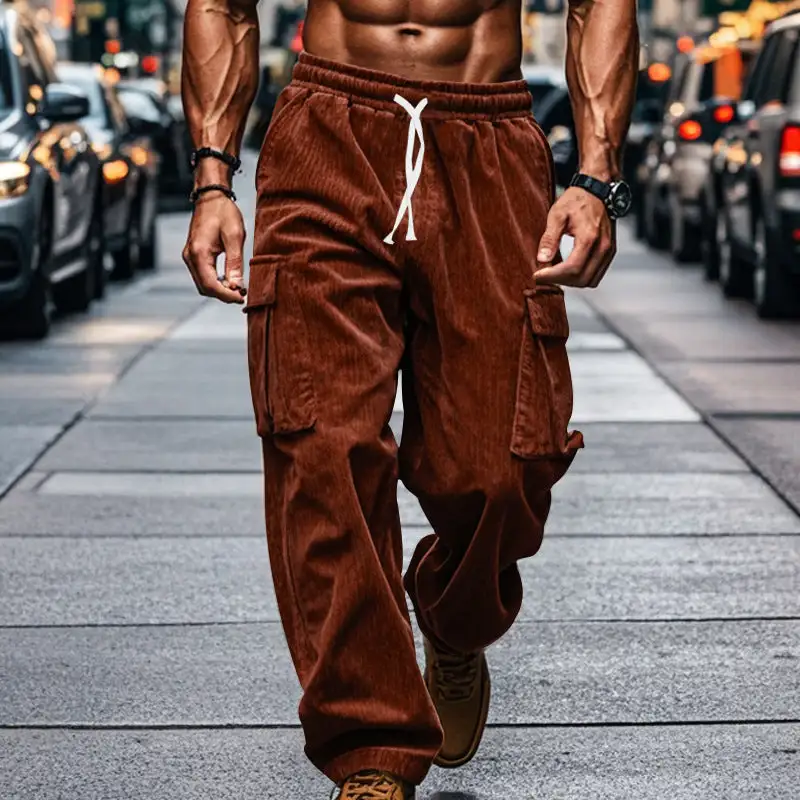 Men's Loose Corduroy Cargo Pants Waistband Pockets