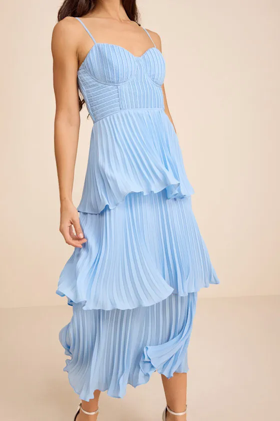 Cascading Crush Light Blue Tiered Bustier Midi Dress