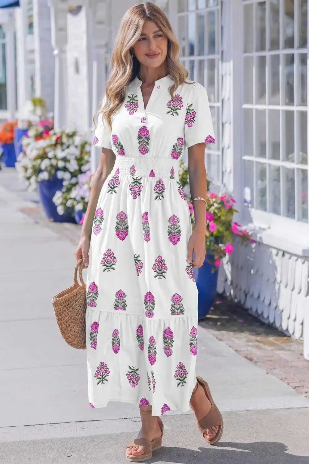 Polished Detail Floral Printed Split Neck Maxi Dress