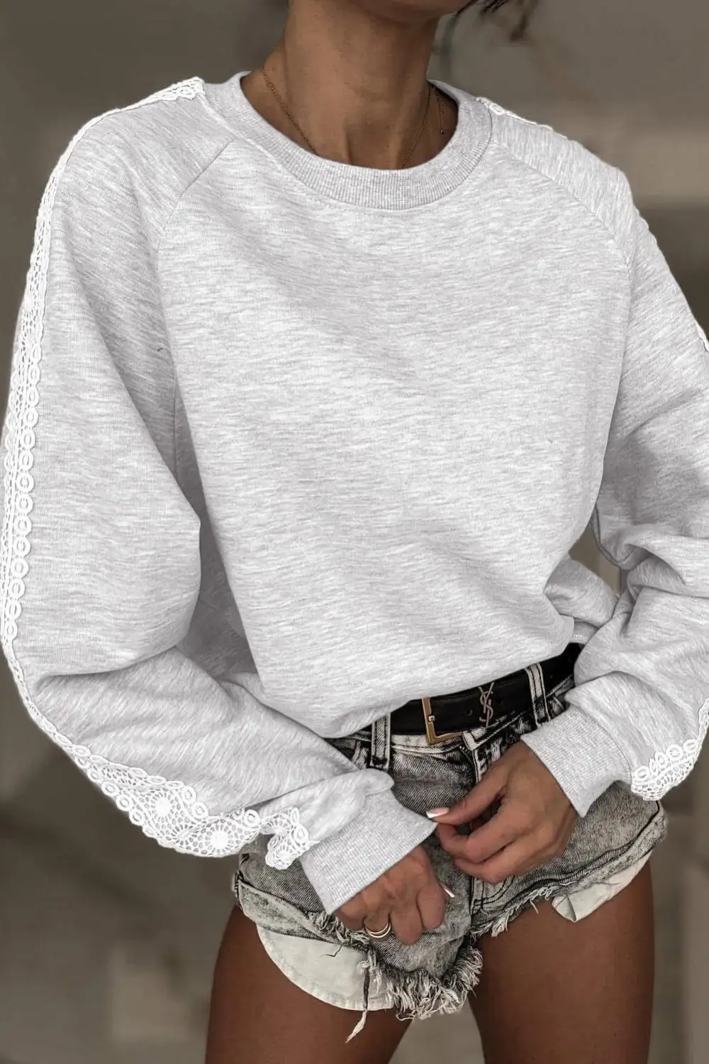 Patchwork Lace Detail Raglan Sleeve Crewneck Sweatshirt