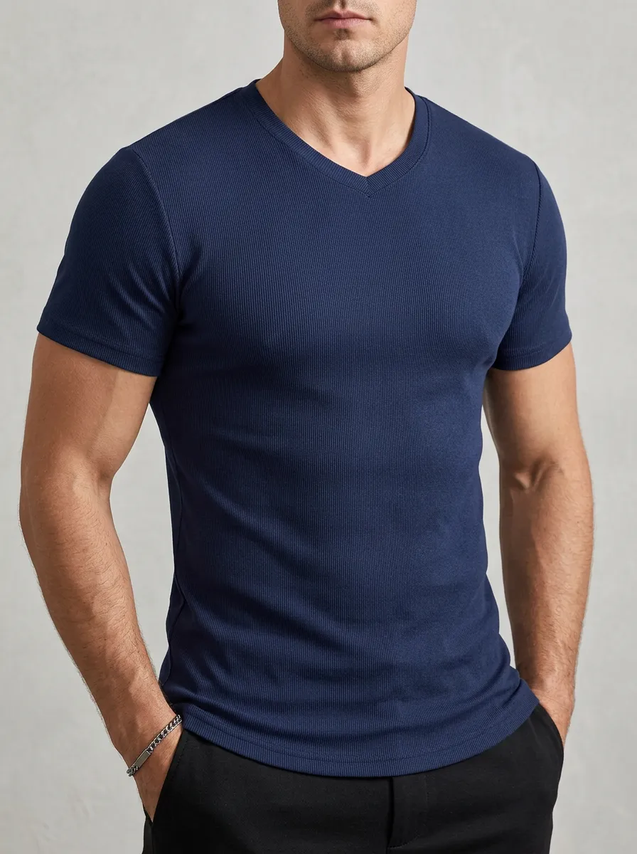Minimal Ribbed V-Neck Core Style Men's Slim Fit Short Sleeve T-Shirt