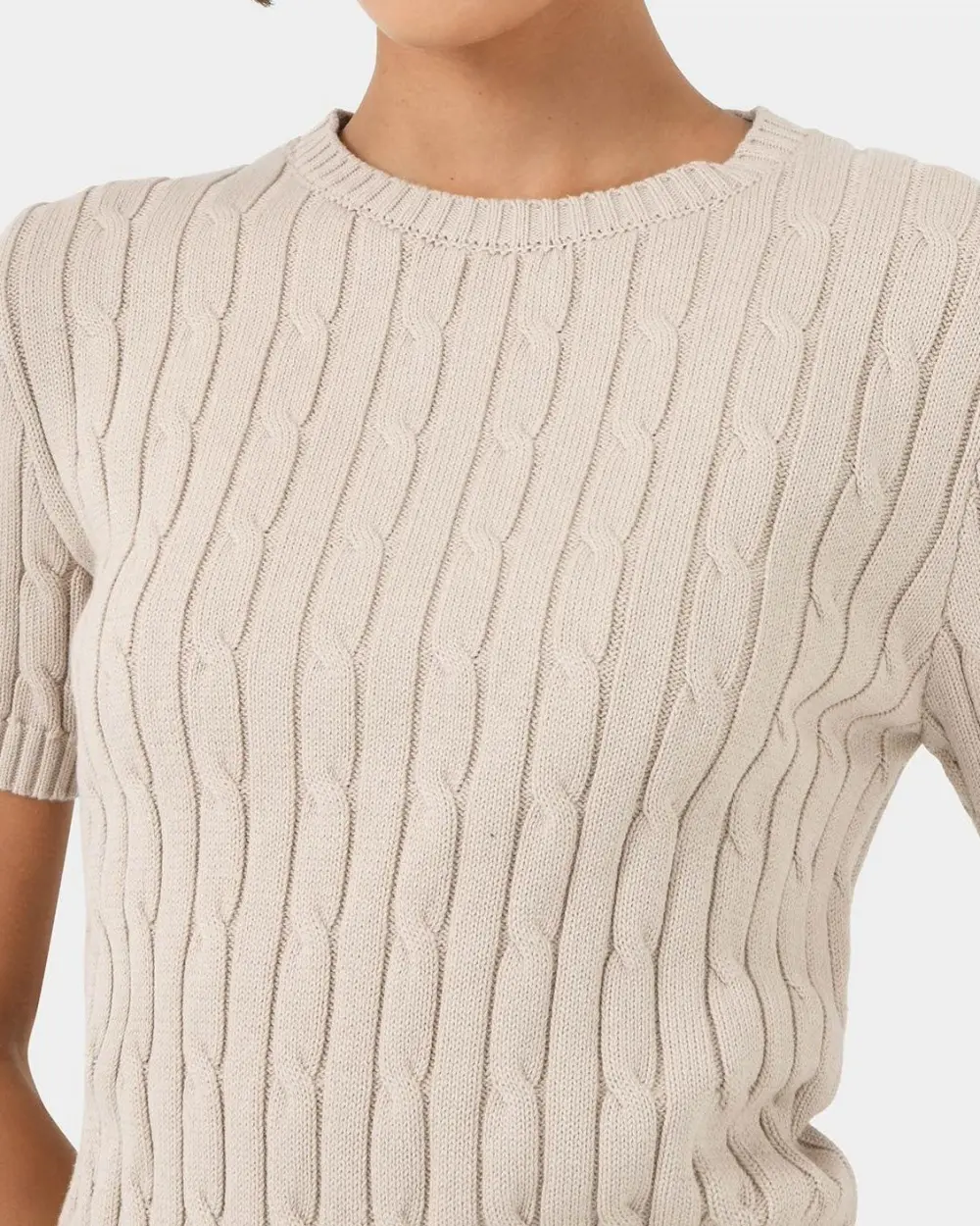 Ribbed Neckline Short Sleeve Cable Knit