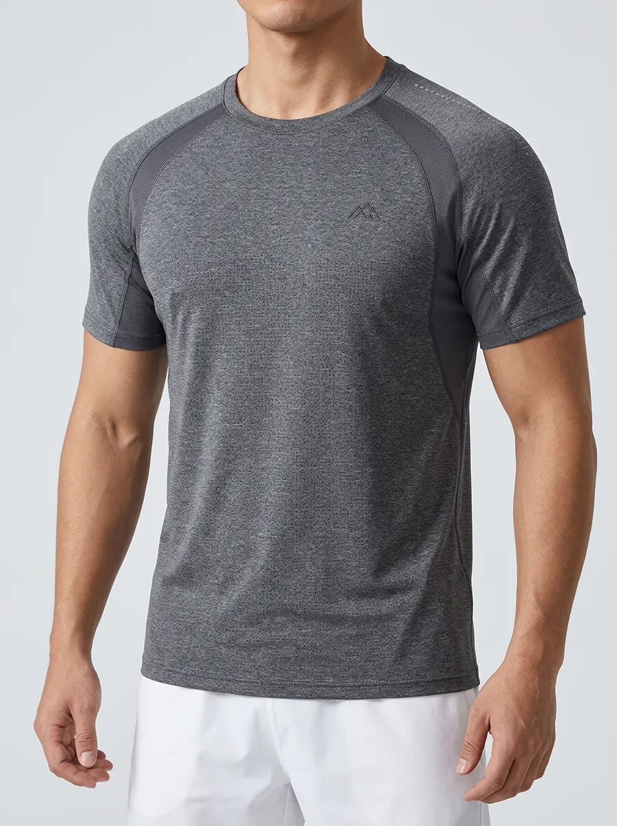 Men's Mountain Athletic Mesh Textured Contrast-Panel Raglan Sport Crewneck T-Shirt