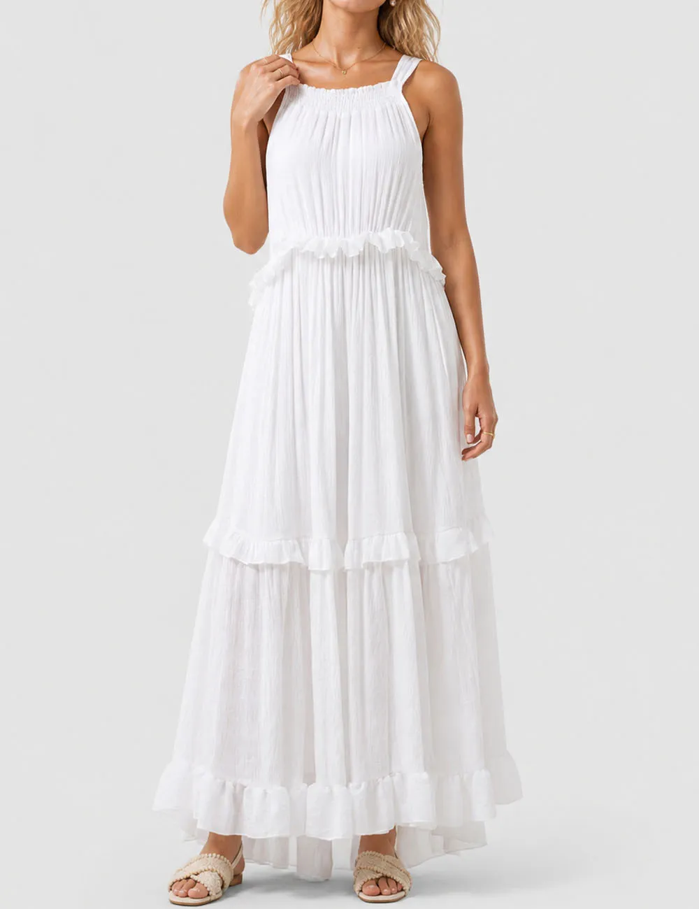 Boho Ruffle Tiered Hem Sleeveless Solid Color Maxi Dress