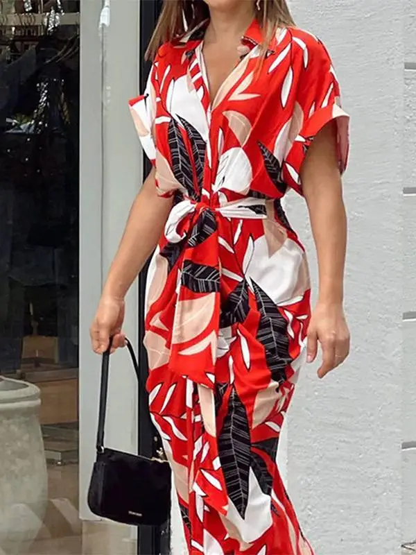 V Neck Pleated Belt Short Sleeve Midi Dress
