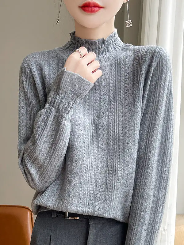 Long Sleeve Relaxed Elasticity Ruffle Trim Mock Neck T-Shirt