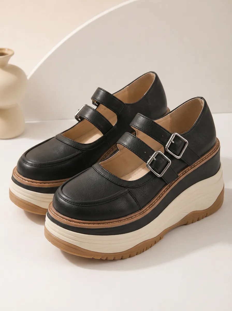 Women's Gothic Lolita Double Buckle Platform Printed Shoes