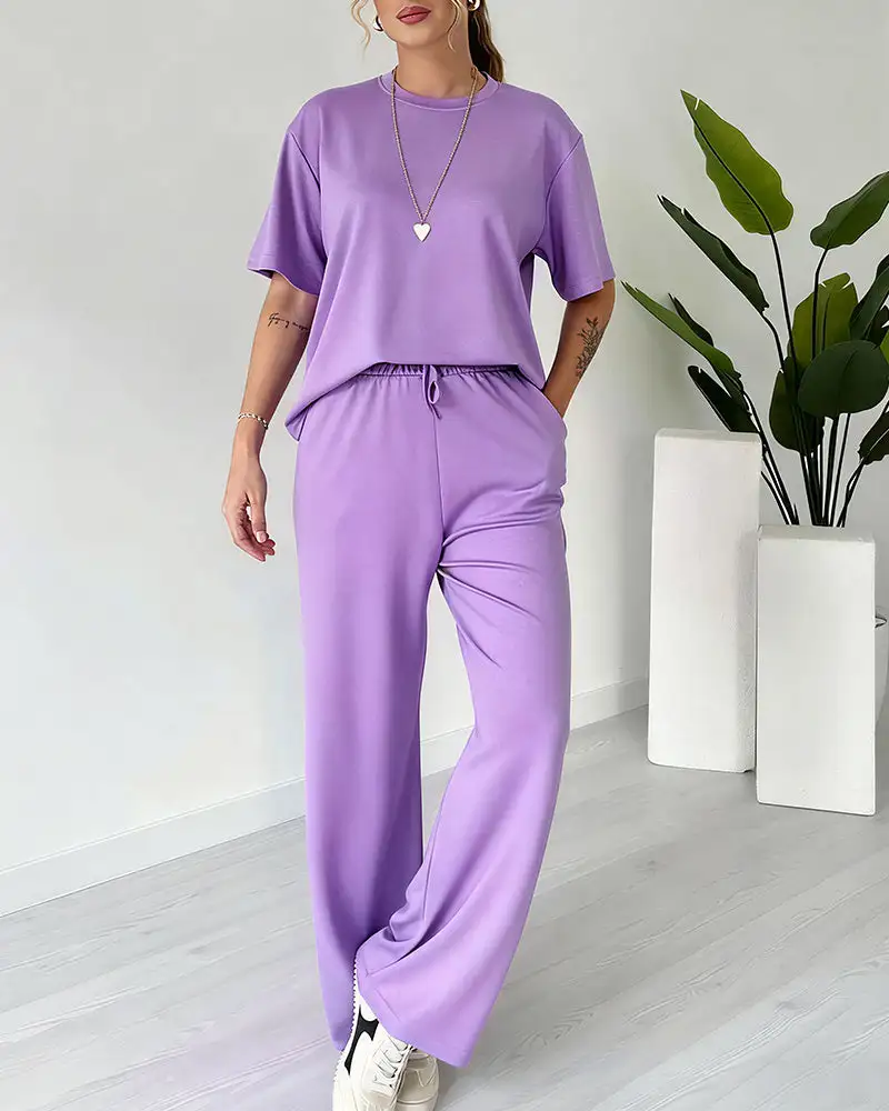 Casual Two-Piece Lounge Set Short Sleeve Top and Wide Leg Pants