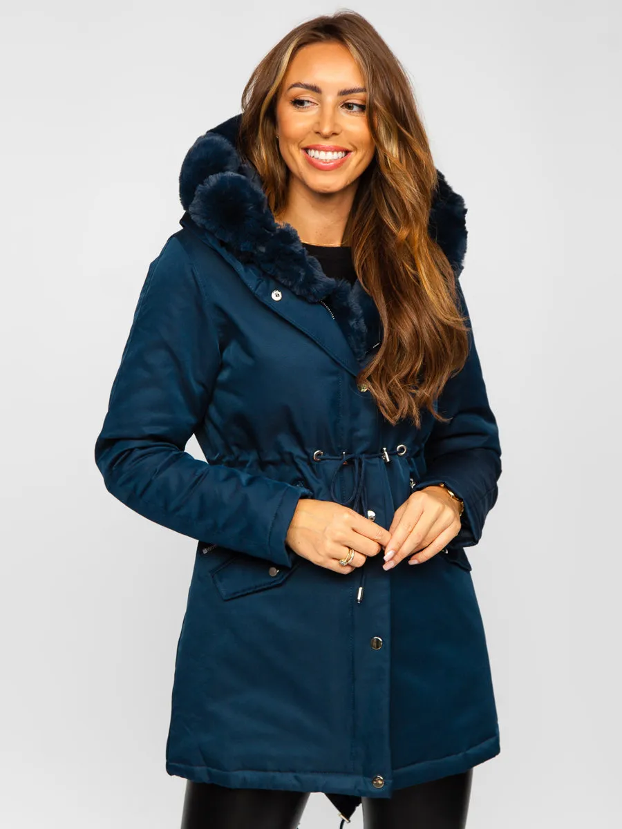 Dark blue women's winter parka with hood