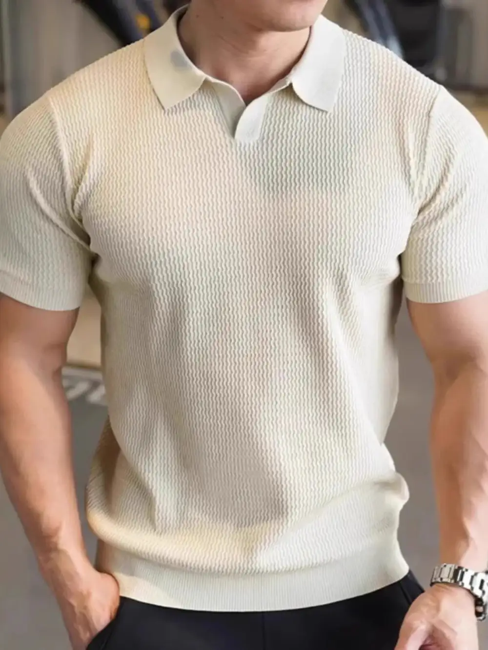Textured Ribbed Knit Polo Shirt