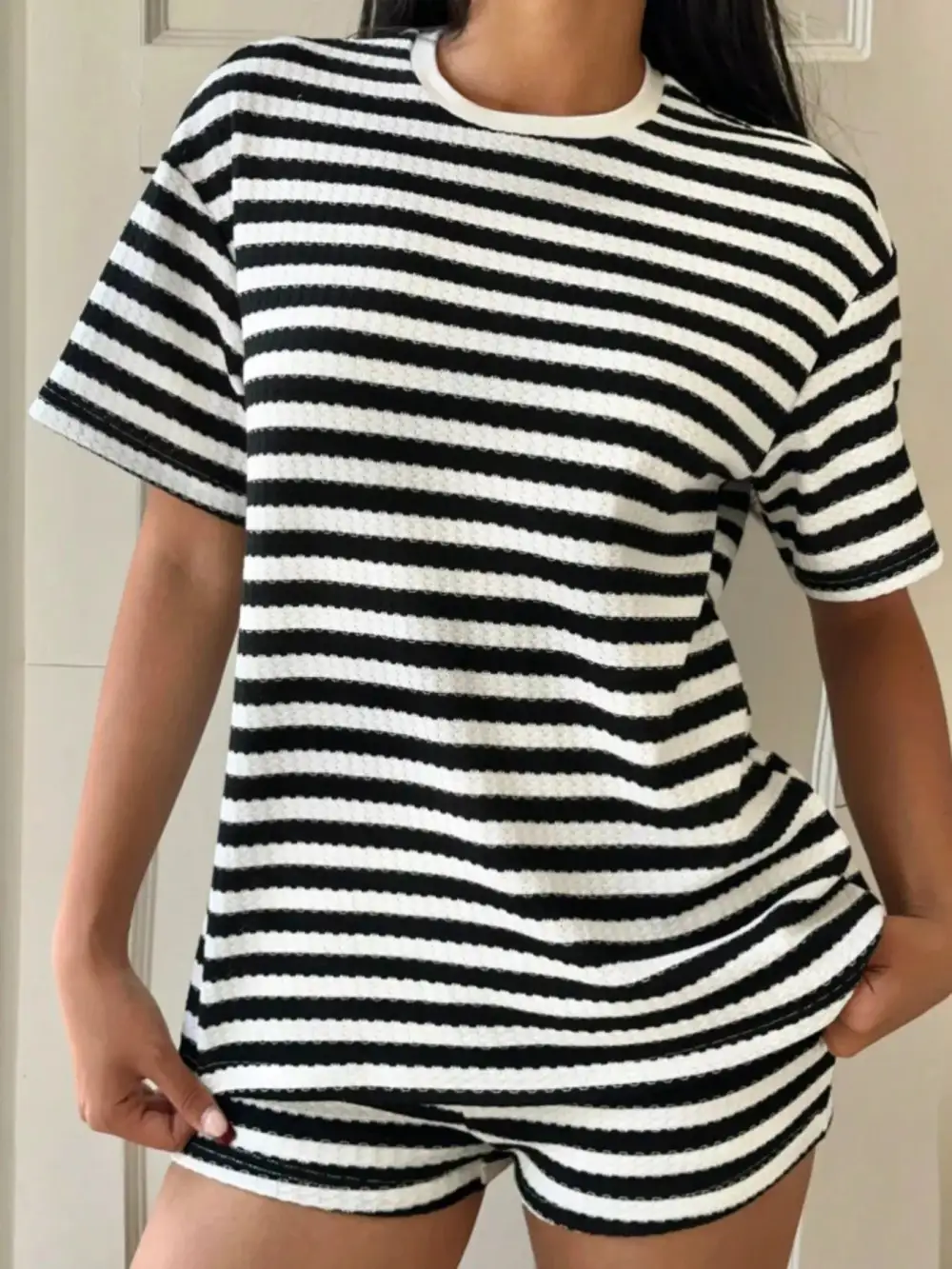 Easy Striped Round Neck Top and Shorts Set