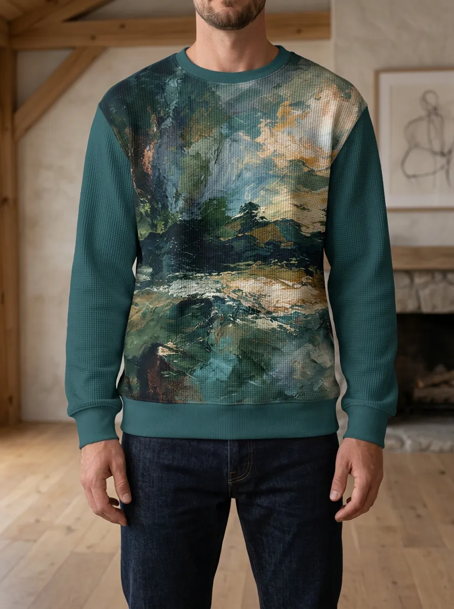 Men's Teal Abstract Crewneck Waffle Knit Sweatshirt