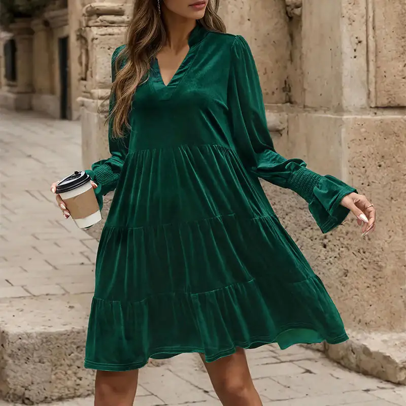 Women's V-Neck Puff-Sleeve Ruffled Dress