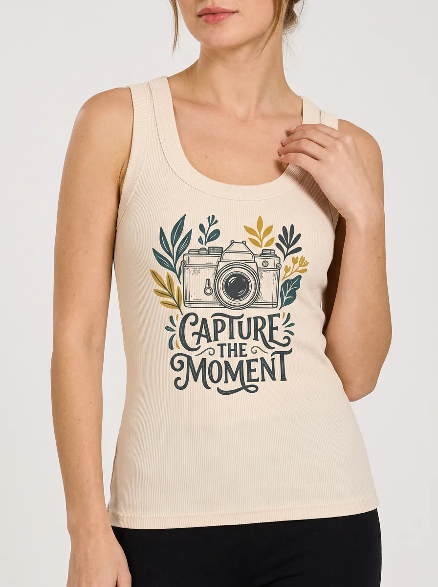 Women's Photography Lover Capture The Moment Camera Printed Tank Top