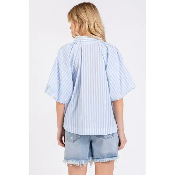 Button Down Striped Puff Sleeve Shirt