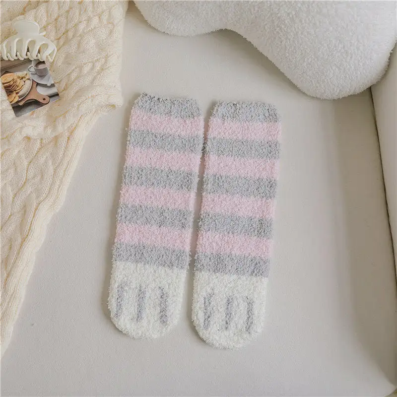Coral Fleece Cat Paw Mid Calf Socks