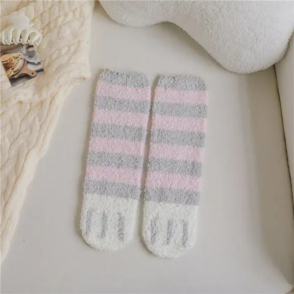 Coral Fleece Cat Paw Mid Calf Socks