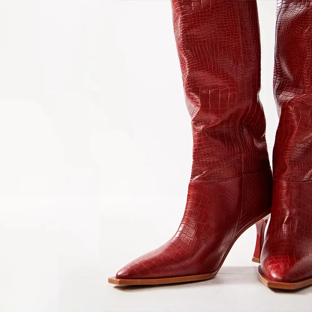 Faux-Leather Crocodile-Embossed Pointed-Toe Snip-Toe Knee-High Boots