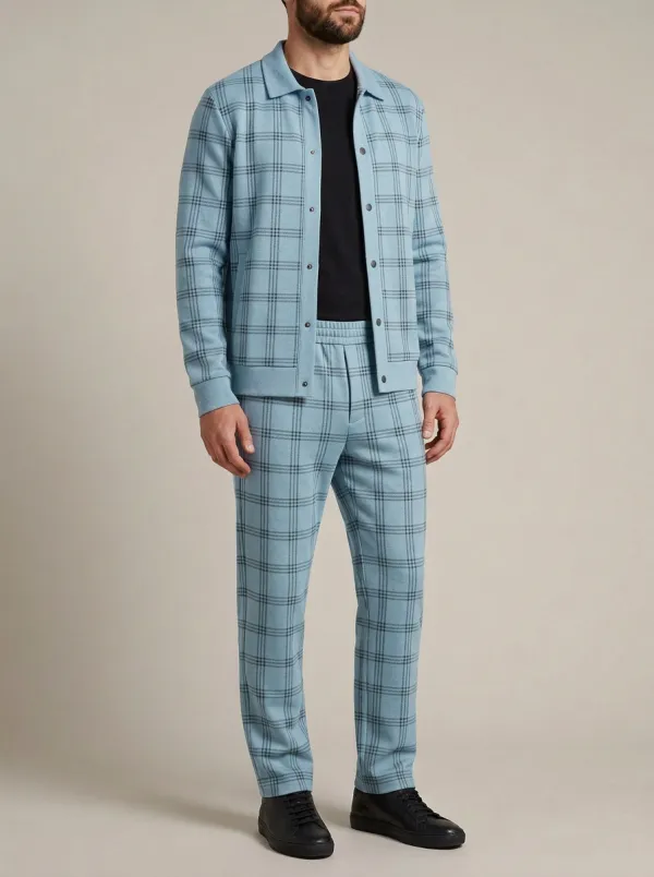 Men's Classic Plaid Polo Collar Jacket and Jogger Pants Set
