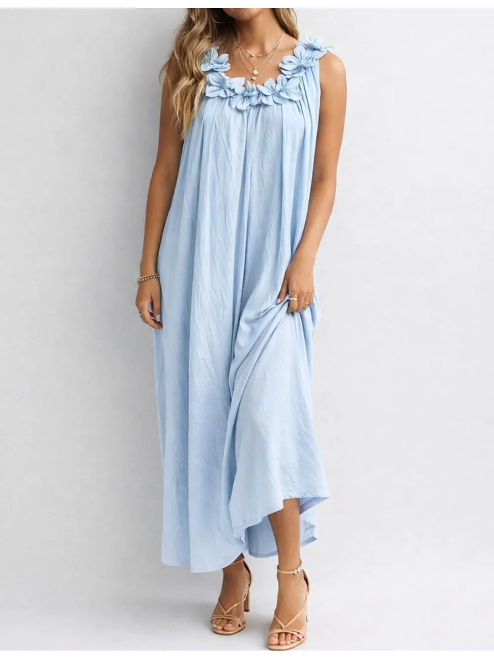 D Beaded Round Neck Sleeveless Maxi Dress