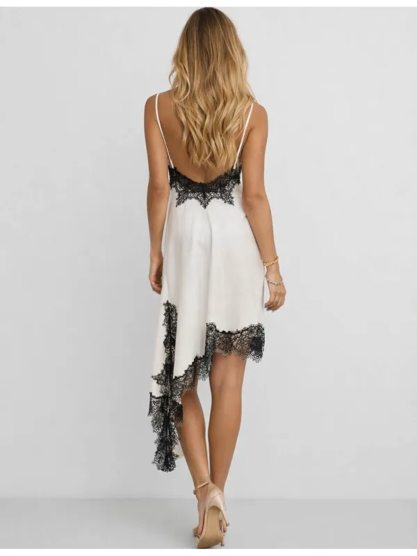 Satin V Neck Lace Trim Irregular Hem Cami Midi Dress