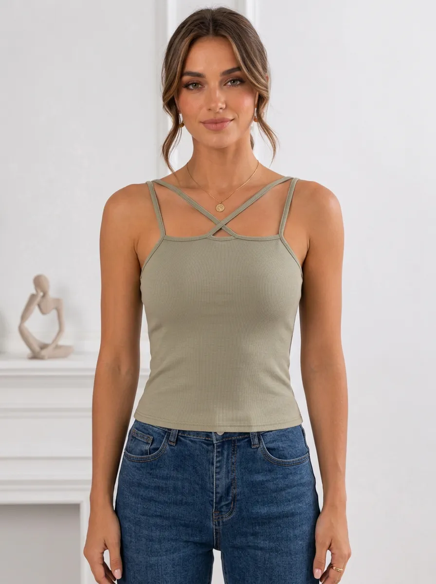 Women's Ribbed Cross Strap Tank Bra