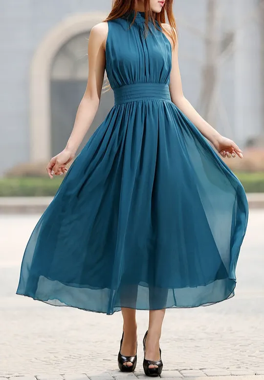 Refined Chiffon Pleated Sleeveless Midi Dress