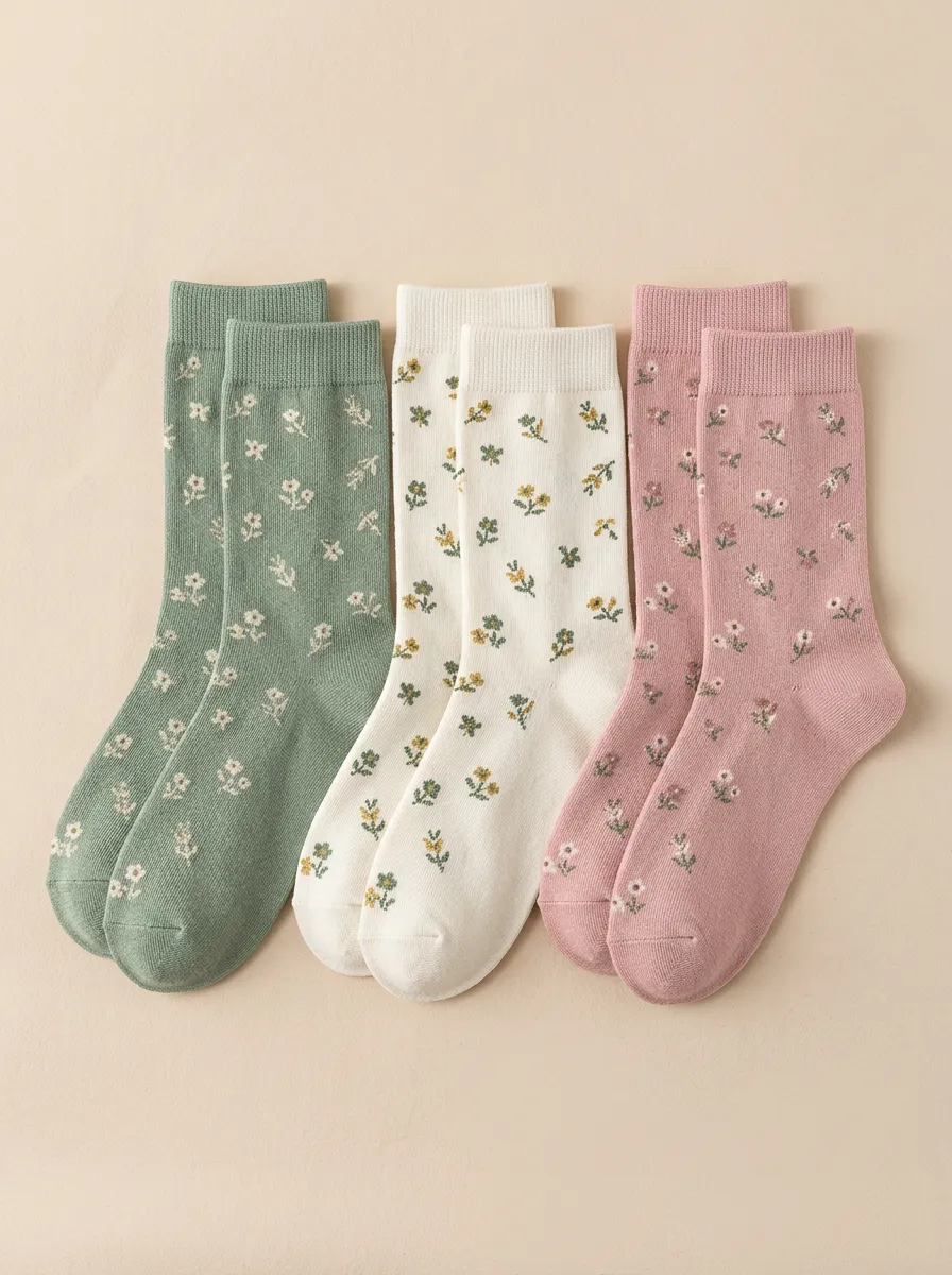 Women's Delicate Floral Crew Socks Three Pair Set