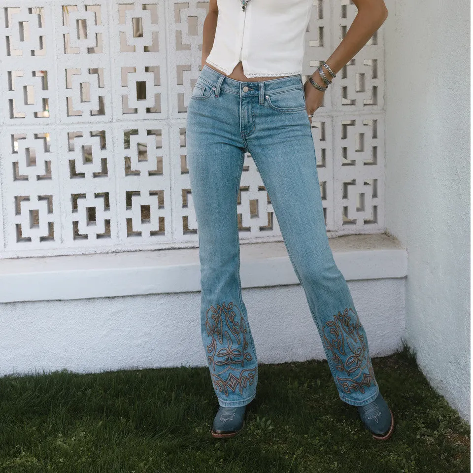 Mid Rise Bootcut Stretch Denim Embroidered Jeans