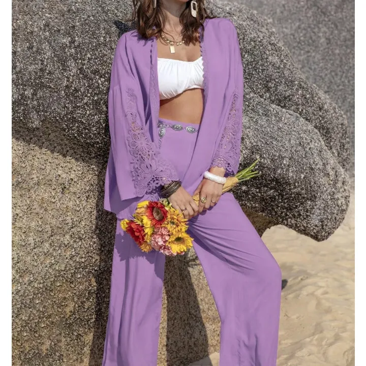 Lace Detail Open Front Cover Up and Pants Set