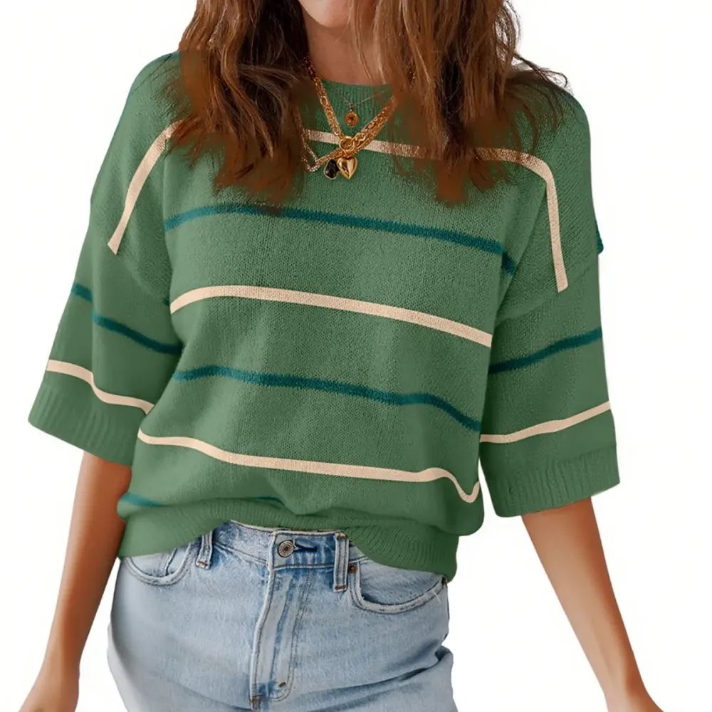 Women'S Short-Sleeved Striped Sweatshirt For Spring And Summer
