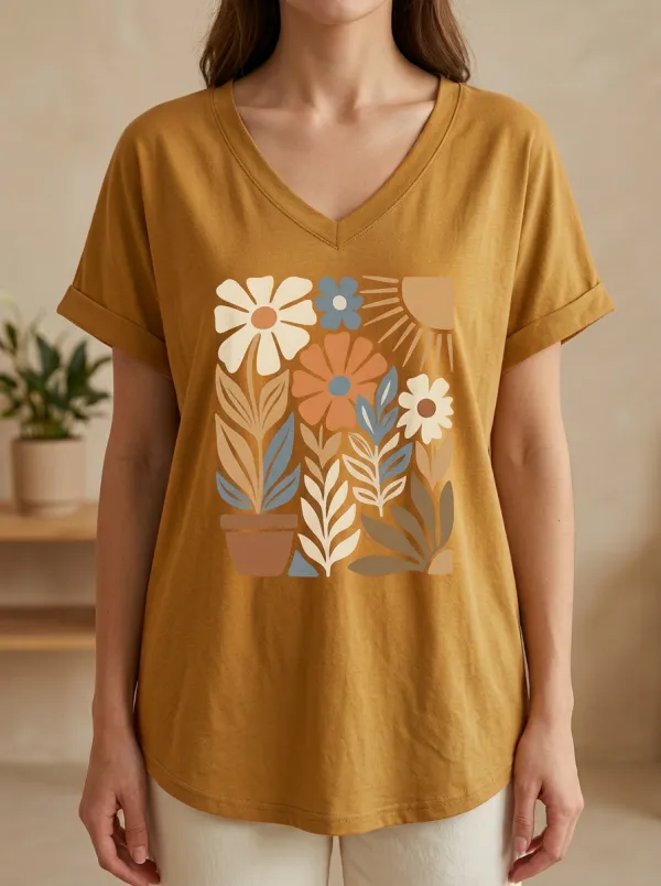 Women's Retro Floral Botanical Sun Print V-Neck T-Shirt