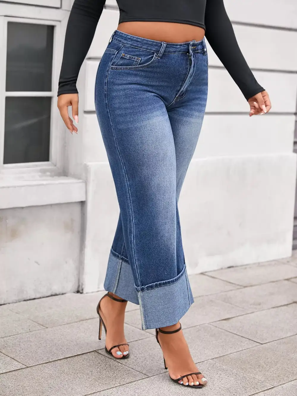 Structured High Waist Wide Leg Cuffed Denim Jeans