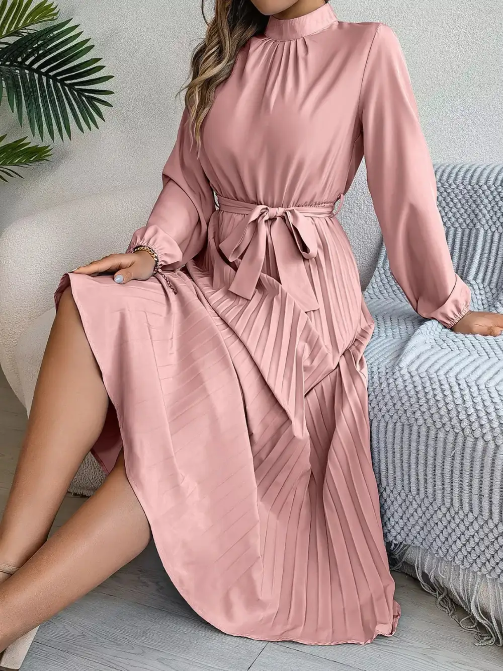 Mock Neck Pleated Midi Dress