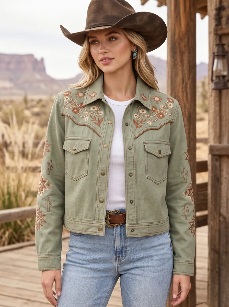 Women's Western Cowgirl Cactus Floral Embroidered Jacket
