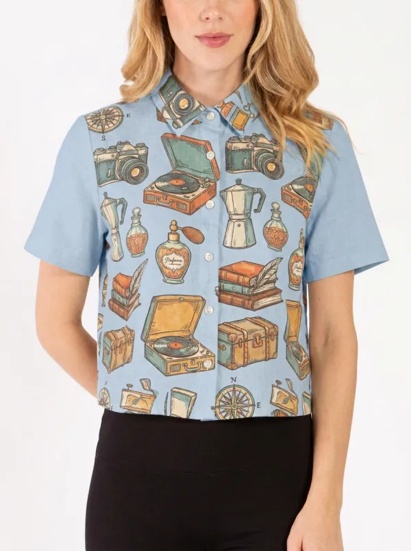 Women's Vintage Hobbyist Camera Record Player Printed Shirt