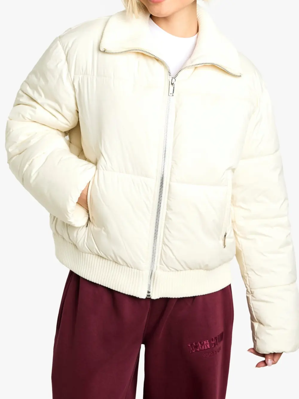 CREAM RIB DETAIL PUFFER JACKET
