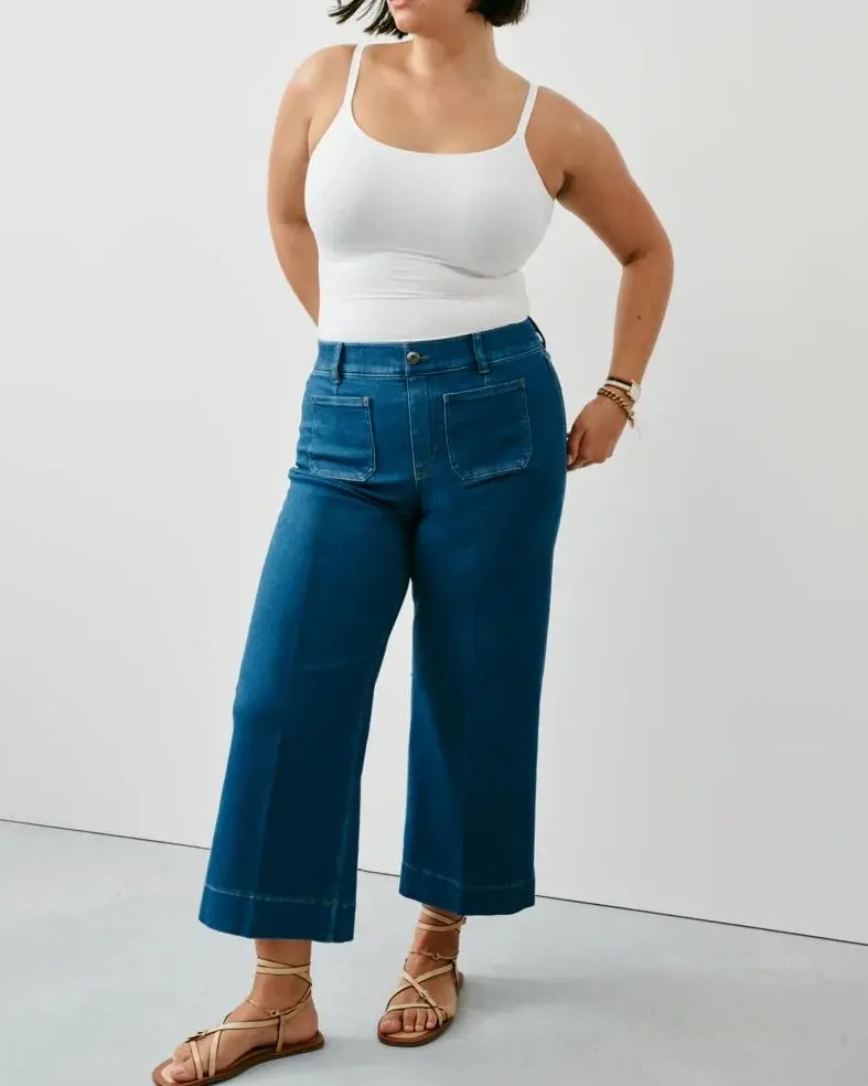 Washed Blue Cropped Wide Leg Jeans