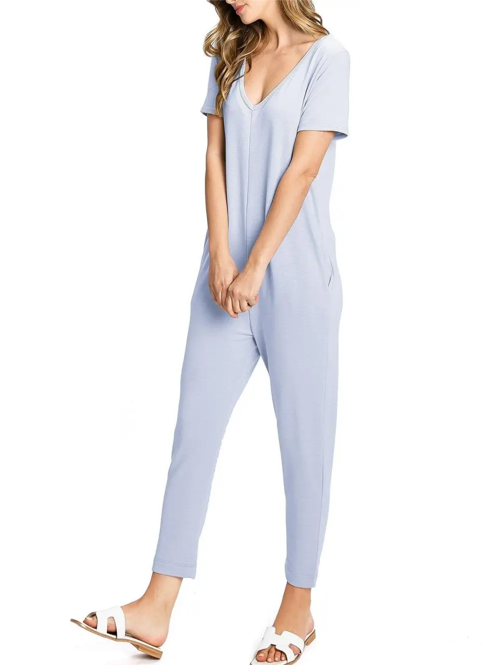 Black V - Neck Short - Sleeve Jumpsuit