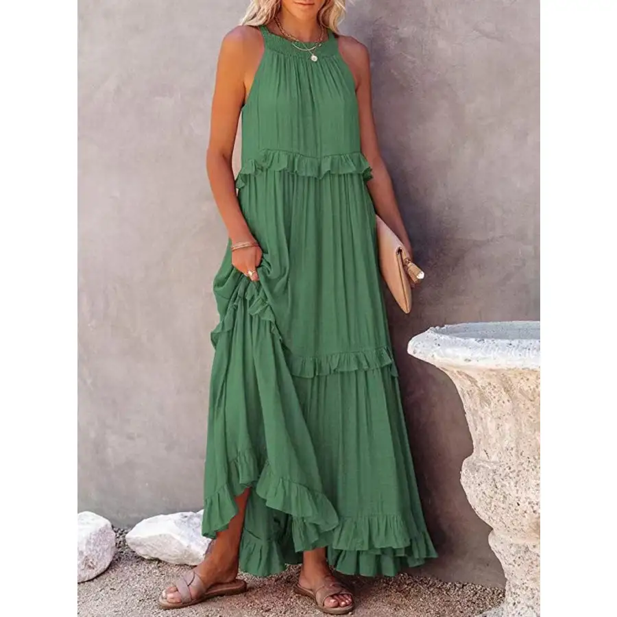 Ruffled Sleeveless Maxi Dress with Pockets