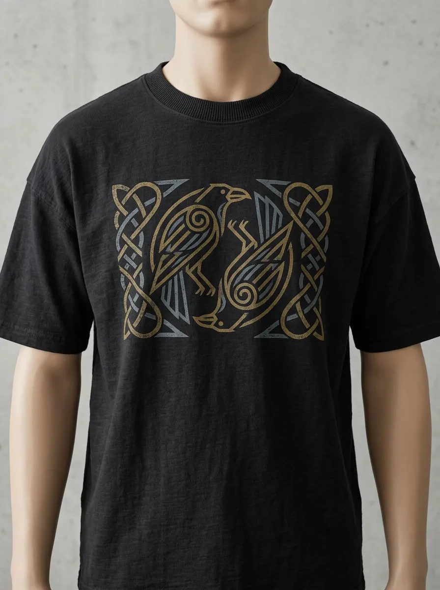 Men's Raven Crew-Neck Short-Sleeve Chest-Sleeve Relaxed Geometric Knotwork T-Shirt