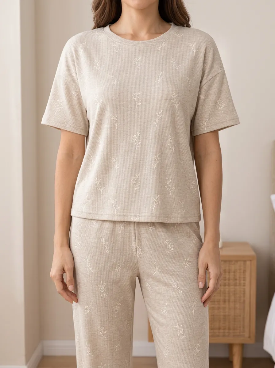 Women's Botanical Leaf Crewneck Short Sleeve Ribbed Pajama Set