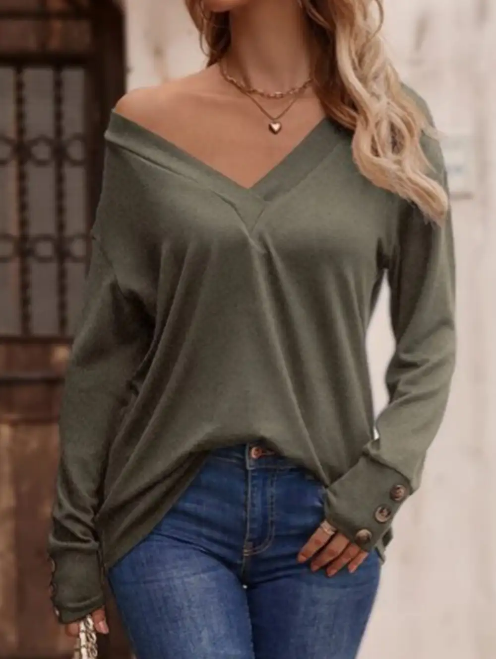 V Neck Button Loose Long Sleeve Tee