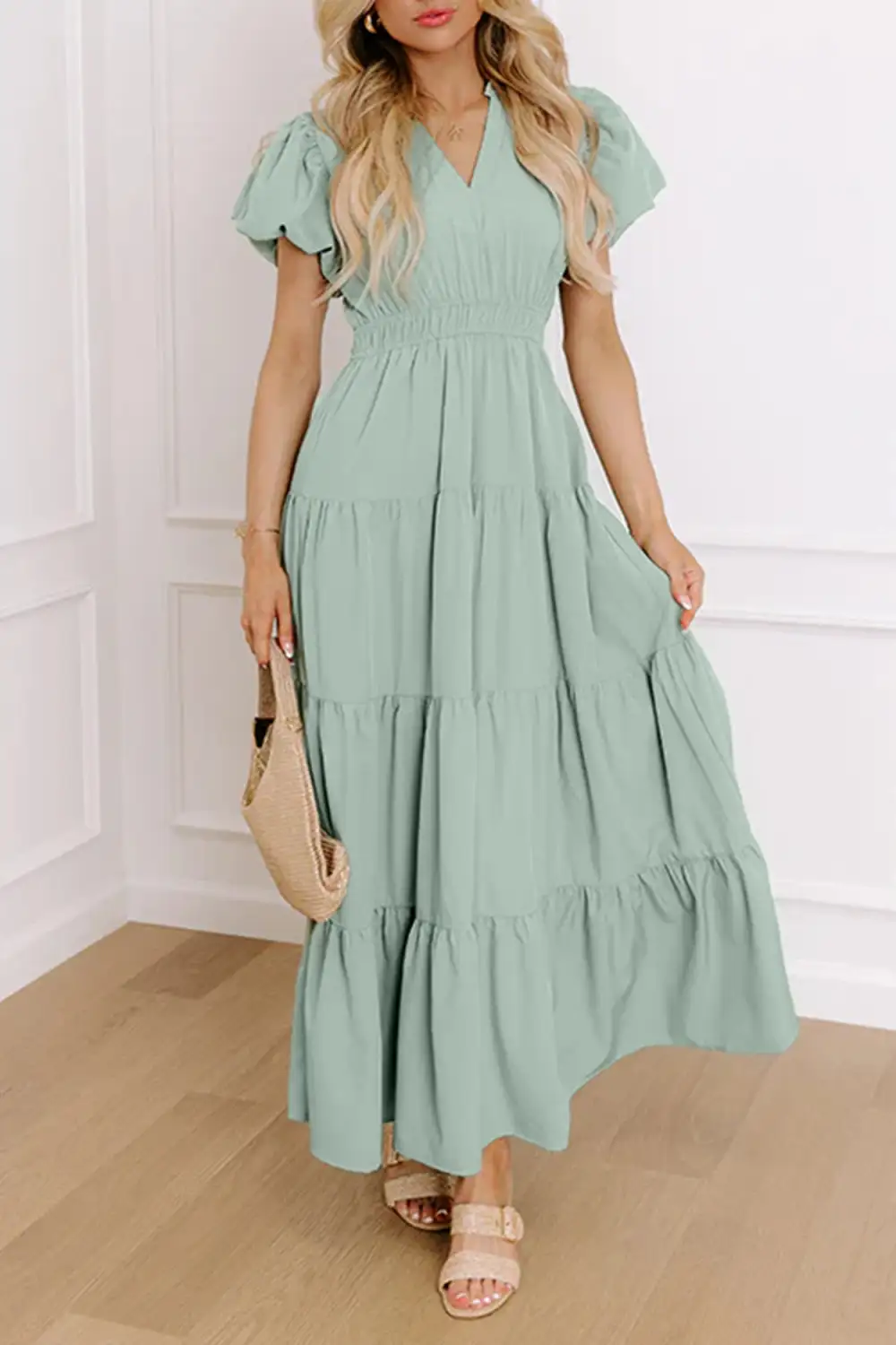 V Neck Tiered Puff Sleeve Maxi Dress