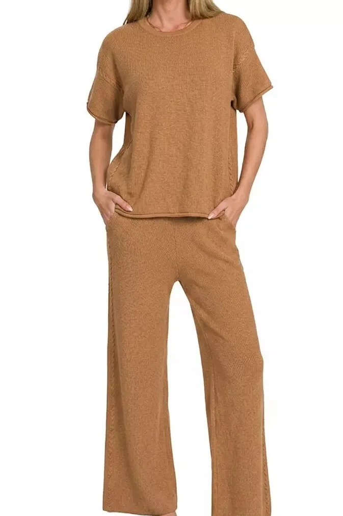 Textured Viscose Round Neck Top & Pants Set