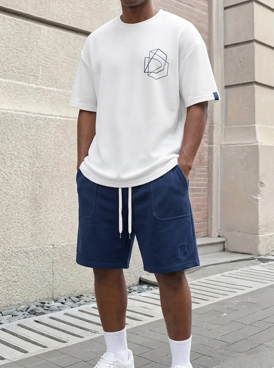 Classic Waffle Texture Geometric Pattern Design Men's T-Shirt And Shorts Set